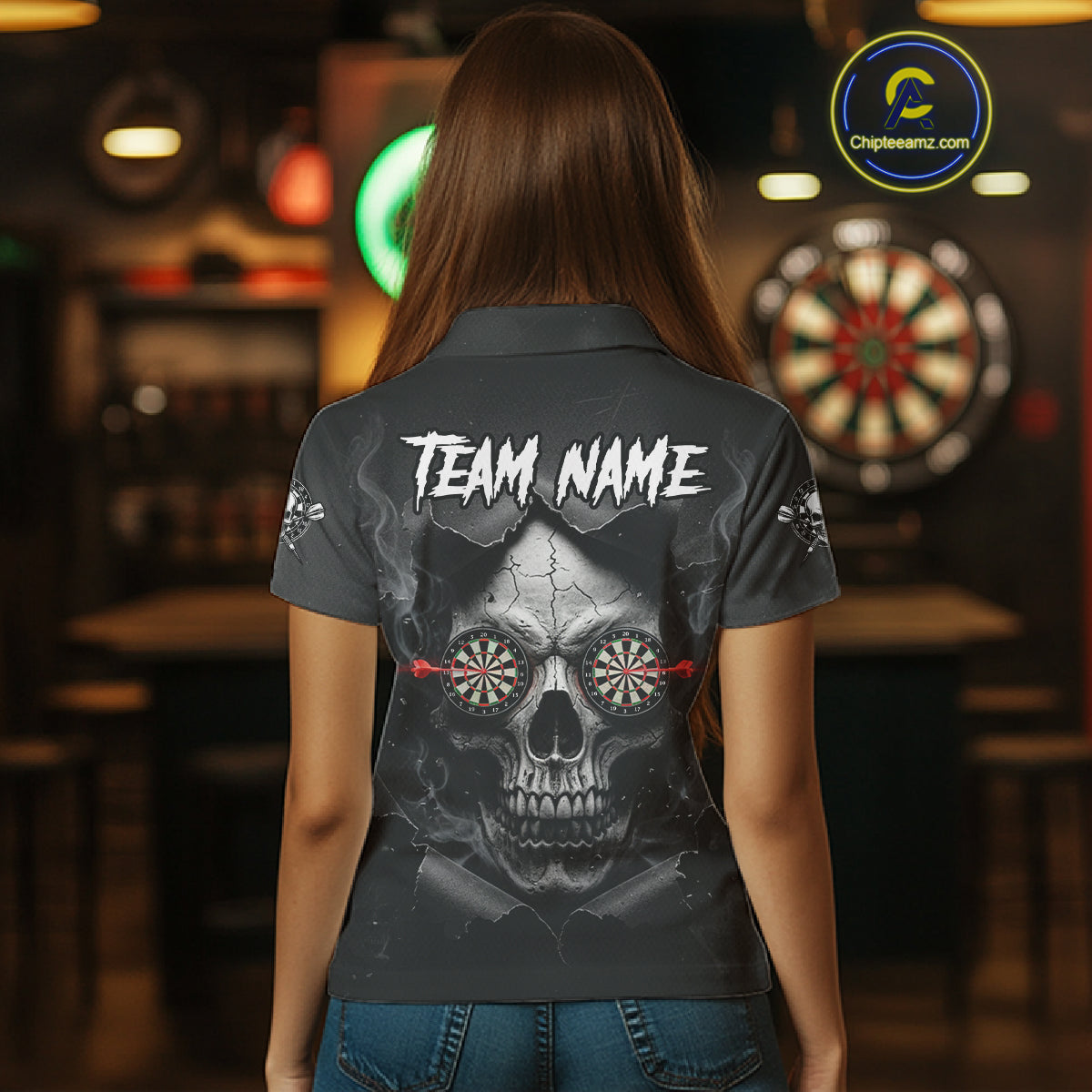 Black Smokes Skull Torn Grunge Dartboard Custom Women Polo Darts Shirt Dart Jersey NYN2012