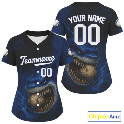 Custom Blue Funny Shark Baseball Ball Shirt For Women Horror Grunge Baseball Jerseys NYN1503