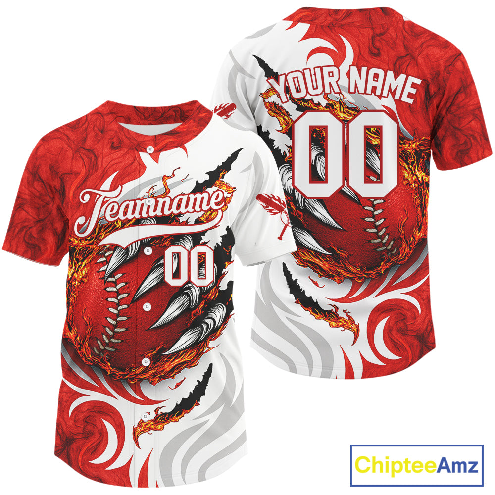 Custom White And Red Scracked Baseball Ball Shirt For Men Fire Flames Baseball Jerseys NYN1505