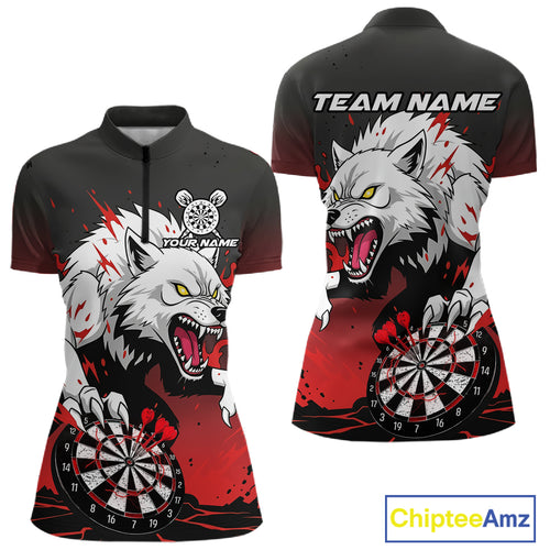Custom Black & Red Horror Wolf 3D Dartboard Dart Women Quarter-Zip Jerseys Dart Team Shirts NYN1754