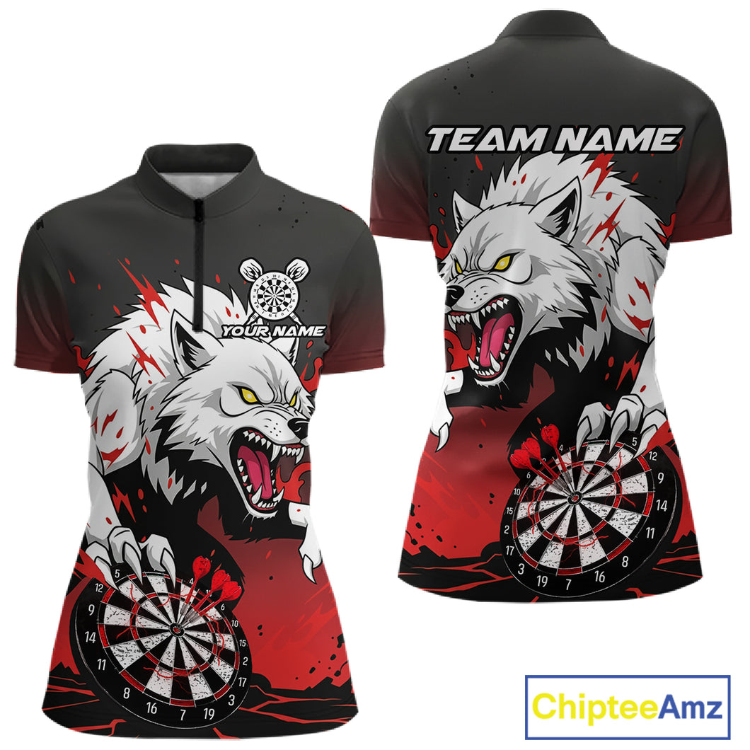 Custom Black & Red Horror Wolf 3D Dartboard Dart Women Quarter-Zip Jerseys Dart Team Shirts NYN1754