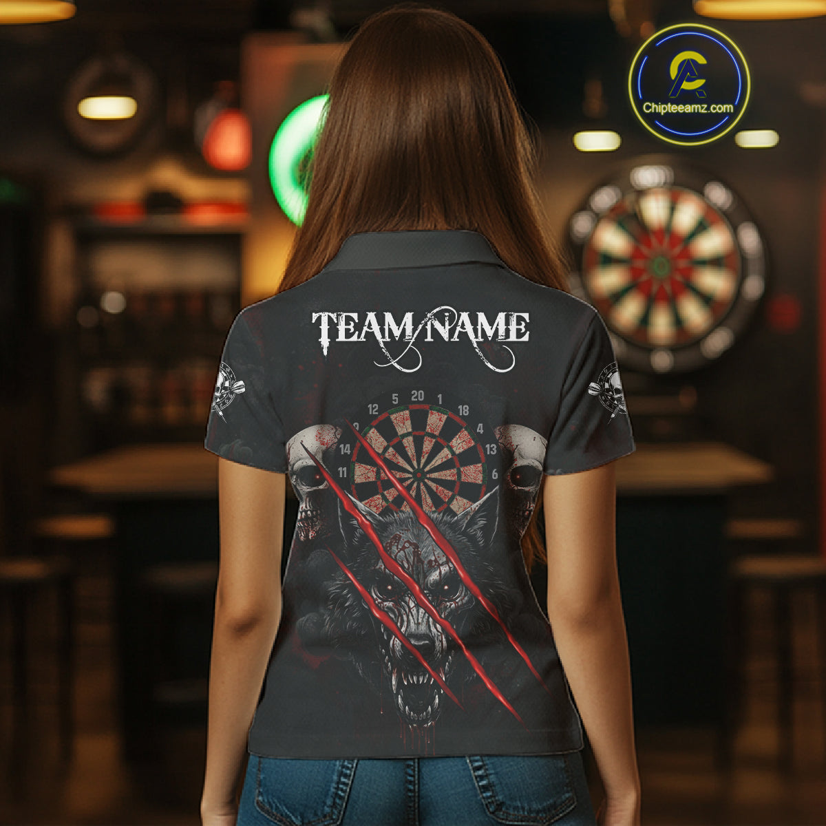 Red Blood Scratch Wolf Women Darts Polo Shirt Custom Name & Team Skull Dart League Shirt NYN2054