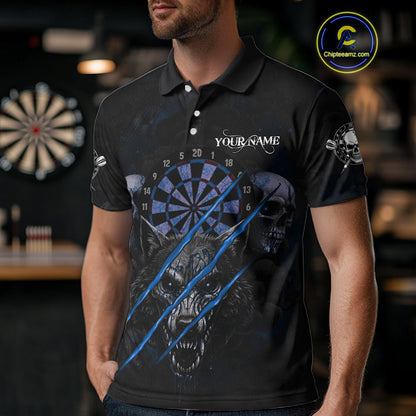 Blue Blood Scratch Wolf Men Darts Polo Shirt Custom Name & Team Skull Dart League Shirt NYN2056