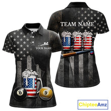 Load image into Gallery viewer, Grunge US Flag Beer Pool 8 Ball &amp; 9 Ball Women's Billiard Shirt Custom Patriotic Billiard Team Attire NYN2560