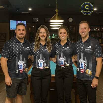 Grunge US Flag Beer Pool 8 Ball & 9 Ball Women's Billiard Shirt Custom Patriotic Billiard Team Attire NYN2560