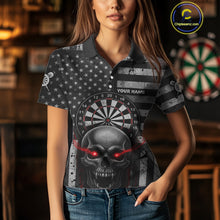 Load image into Gallery viewer, Grey American Flag Red Skull Custom Women Polo Dart Shirt Grunge Patriotic Dart Jerseys NYN1768