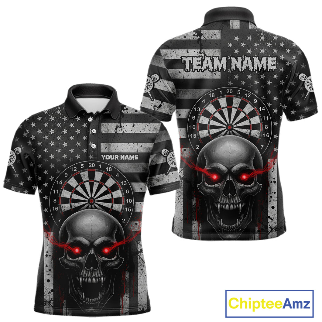 Grey American Flag Red Skull Custom Mens Polo Dart Shirt Grunge Patriotic Dart Jerseys NYN1768