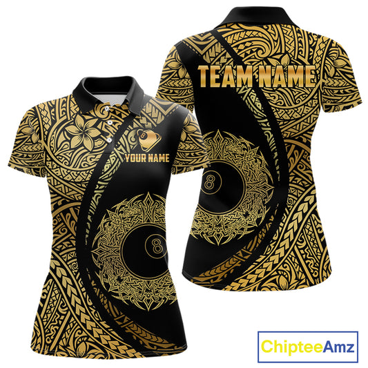Black & Gold 8 Ball Crown Billiard Polo & 1/4 Zip Shirt For Women Custom Tribal Pool Team Jerseys NYN2944