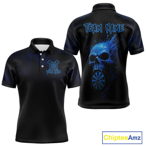 Custom Black And Blue Skull Dart Polo Shirt For Men Dartboard Skull Grunge Dart Jerseys NYN1524