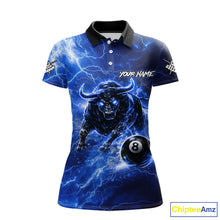 Load image into Gallery viewer, Thunder Lightning Blue Funny Bull 8 Ball Pool Women Billiard Shirt Custom Billiard Team Attire NYN2732