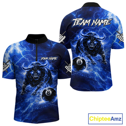 Thunder Lightning Blue Funny Bull 8 Ball Pool Men Billiard Shirt Custom Billiard Team Attire NYN2732
