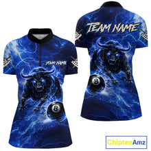 Load image into Gallery viewer, Thunder Lightning Blue Funny Bull 8 Ball Pool Women Billiard Shirt Custom Billiard Team Attire NYN2732