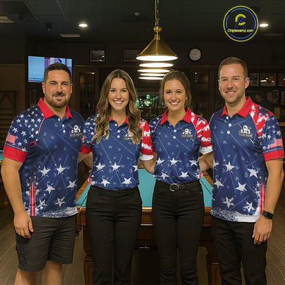 Blue Red Grunge US Flag 8 Ball Pool Women  Billiard Ball Cue Shirt Custom Patriotic Billiard Team Attire NYN2734