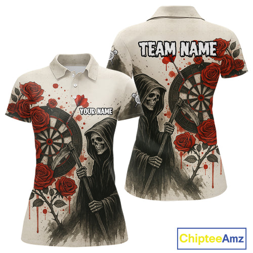 Custom Red Grunge Roses Grim Reaper Dartboard Dart Polo Shirt For Women Dart Team Jerseys NYN1546