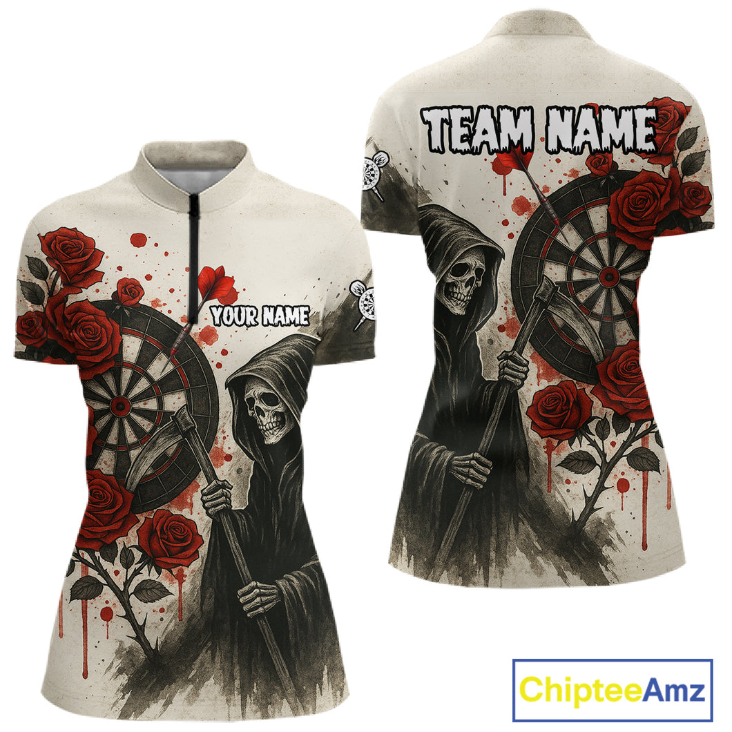Custom Red Grunge Roses Grim Reaper Dartboard Dart Quarter-Zip Shirt For Women Dart Team Jerseys NYN1546