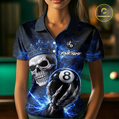 Blue Crown Skull Holding Thunder Pool 8 Ball Billiard Shirt For Women Custom Billiard Team Attire NYN2602
