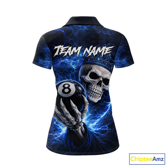 Blue Crown Skull Holding Thunder Pool 8 Ball Billiard Shirt For Women Custom Billiard Team Attire NYN2602