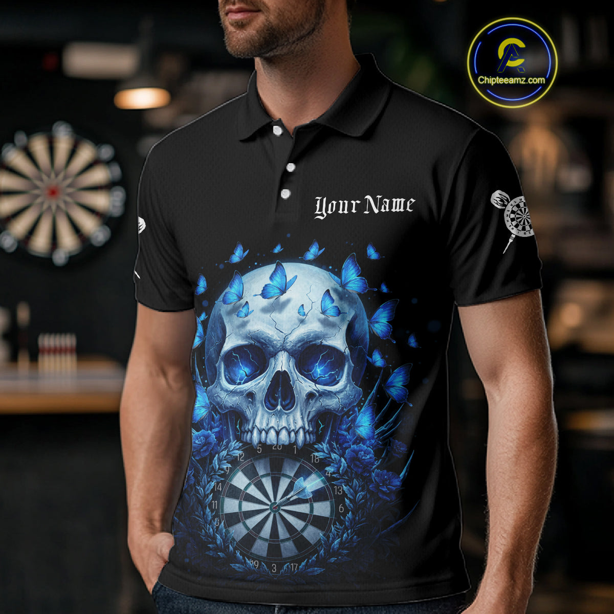 Custom Blue Butterflies Skull Head Flowers Dartboard Men Darts Polo Shirt, Dart Jerseys NYN1839