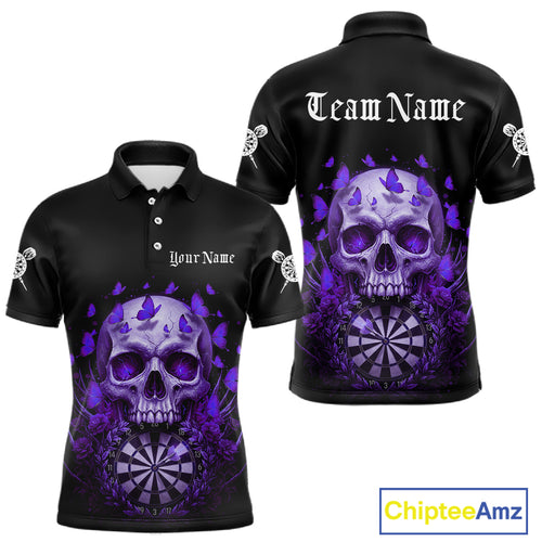 Custom Purple Butterflies Skull Head Flowers Dartboard Men Darts Polo Shirt, Dart Jerseys NYN1840