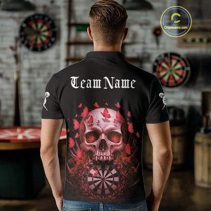 Custom Red Butterflies Skull Head Flowers Dartboard Men Darts Polo Shirt, Dart Jerseys NYN1841