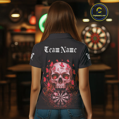 Custom Red Butterflies Skull Head Flowers Dartboard Women Darts Polo Shirt, Dart Jerseys NYN1841