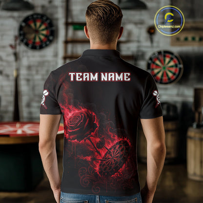 Custom Black And Red Flames Roses Dartboard Men Darts Polo Shirt, Dart Team Jerseys NYN1845