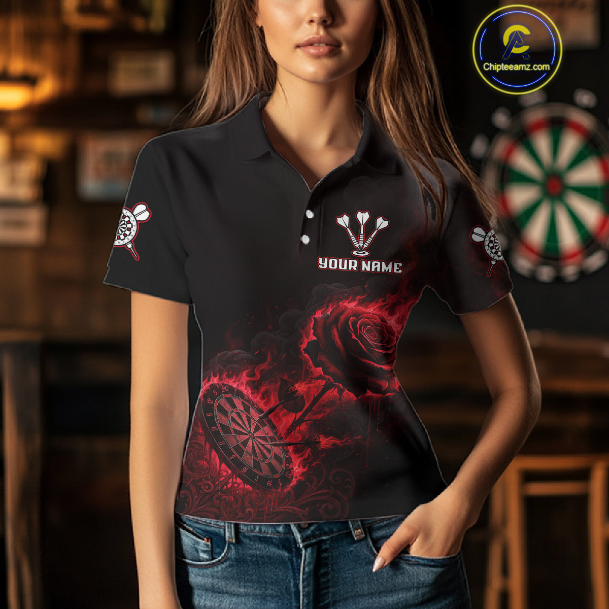 Custom Black And Red Flames Roses Dartboard Women Darts Polo Shirt, Dart Team Jerseys NYN1845