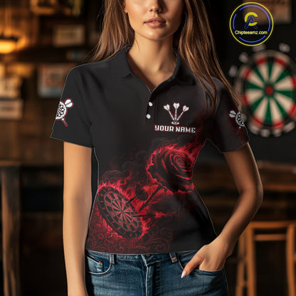 Custom Black And Red Flames Roses Dartboard Women Darts Polo Shirt, Dart Team Jerseys NYN1845