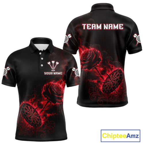 Custom Black And Red Flames Roses Dartboard Men Darts Polo Shirt, Dart Team Jerseys NYN1845
