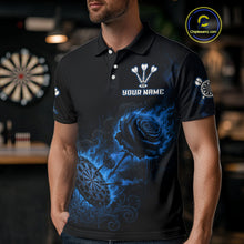 Load image into Gallery viewer, Custom Black And Blue Flames Roses Dartboard Men Darts Polo Shirt, Dart Team Jerseys NYN1846