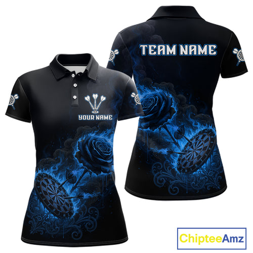 Custom Black And Blue Flames Roses Dartboard Women Darts Polo Shirt, Dart Team Jerseys NYN1846