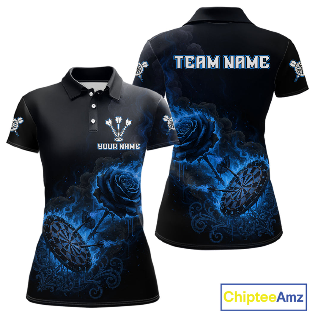 Custom Black And Blue Flames Roses Dartboard Women Darts Polo Shirt, Dart Team Jerseys NYN1846
