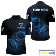Load image into Gallery viewer, Custom Black And Blue Flames Roses Dartboard Men Darts Quarter-Zip Shirt, Dart Team Jerseys NYN1846