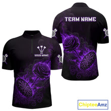 Load image into Gallery viewer, Custom Black And Purple Flames Roses Dartboard Men Darts Quarter-Zip Shirt, Dart Team Jerseys NYN1847