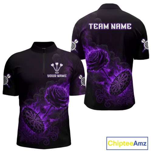 Custom Black And Purple Flames Roses Dartboard Men Darts Quarter-Zip Shirt, Dart Team Jerseys NYN1847