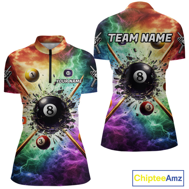 Personalized Crack Pool 8 Ball Women Billiard Team Shirt Colorful Thunder Billiard Attire NYN2368
