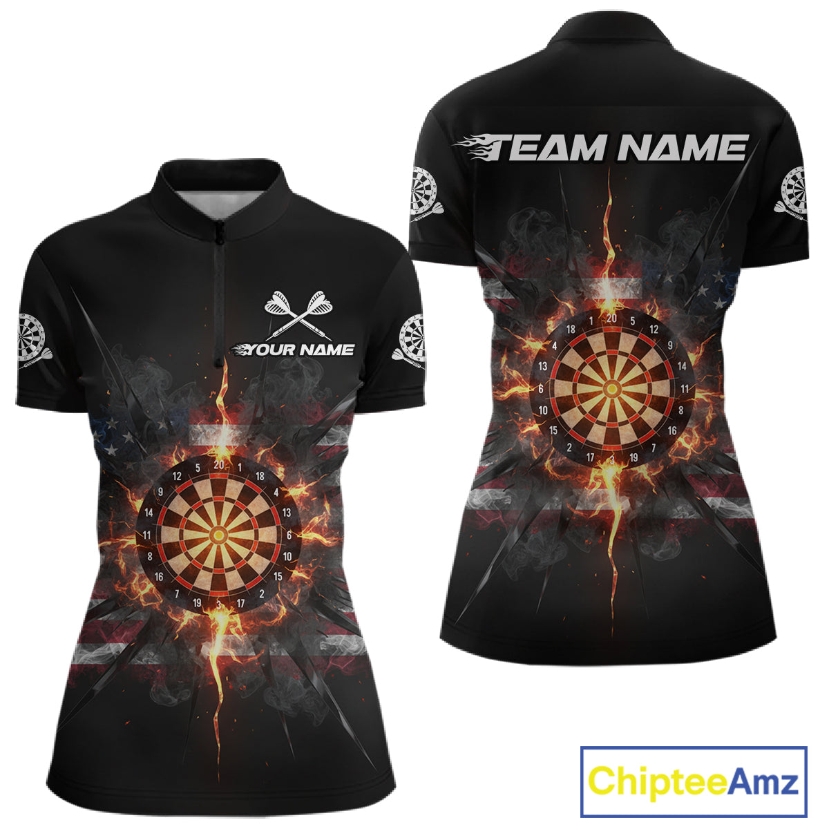 Smoke US Flag Fire Flame Dartboard Custom Women Darts Quarter-Zip Shirt Patriotic Dart Jerseys NYN1859