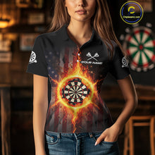 Load image into Gallery viewer, US Flag Fire Flame Cracked Dartboard Custom Women Darts Polo Shirt Patriotic Dart Jerseys NYN1860