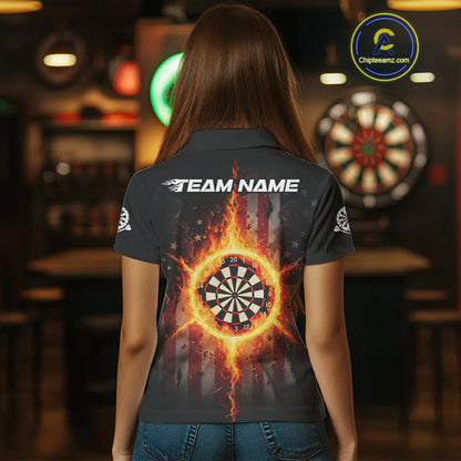 US Flag Fire Flame Cracked Dartboard Custom Women Darts Polo Shirt Patriotic Dart Jerseys NYN1860