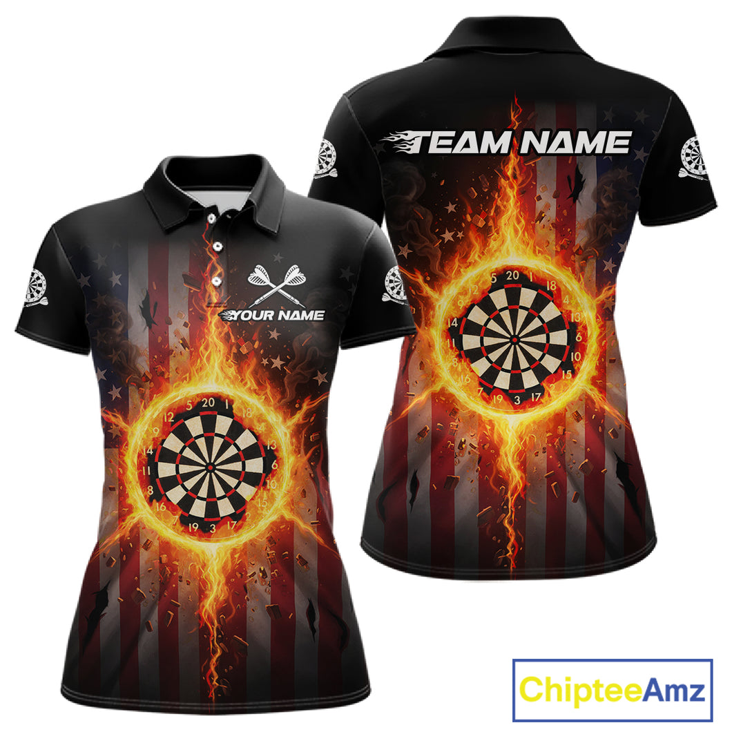 US Flag Fire Flame Cracked Dartboard Custom Women Darts Polo Shirt Patriotic Dart Jerseys NYN1860