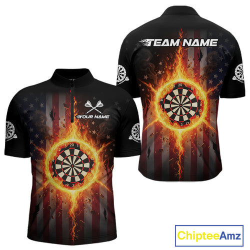 US Flag Fire Flame Cracked Dartboard Custom Men Darts Quarter-Zip Shirt Patriotic Dart Jerseys NYN1860