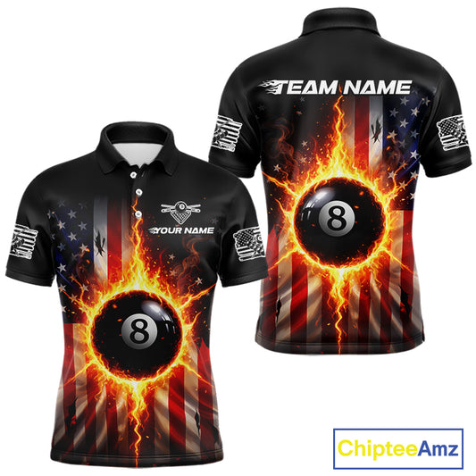 Flame 8 Ball Pool Men Billiard Polo & 1/4-Zip Shirt Custom US Flag Billiard Team Jersey NYN2372