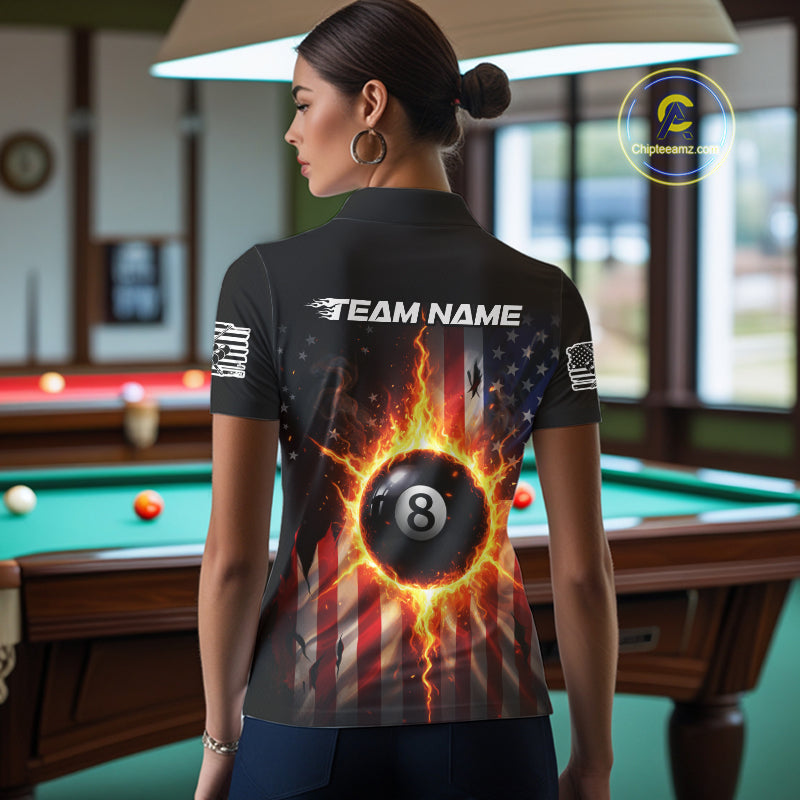 Flame 8 Ball Pool Women Billiard Polo & 1/4-Zip Shirt Custom US Flag Billiard Team Jersey NYN2372