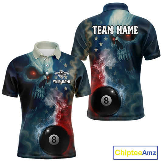 US Flag Smoke 8 Ball Men Billiard Polo & 1/4-Zip Shirt Custom Skull Pool Billiard Team Apparel NYN2383