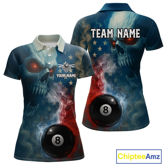 US Flag Smoke 8 Ball Women Billiard Polo & 1/4-Zip Shirt Custom Skull Pool Billiard Team Apparel NYN2383