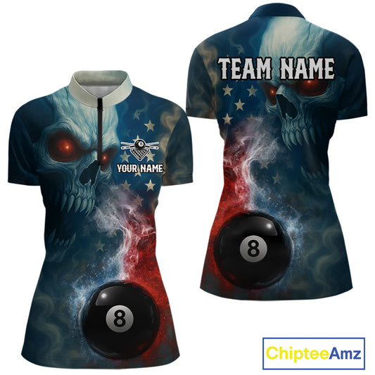 US Flag Smoke 8 Ball Women Billiard Polo & 1/4-Zip Shirt Custom Skull Pool Billiard Team Apparel NYN2383