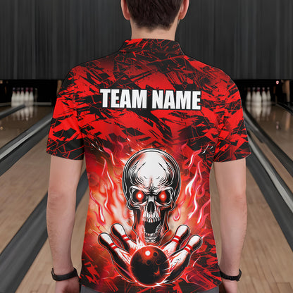 Personalized Red Flame Skull Bowling Jersey Camo Polo Bowling Team Shirt QZT670
