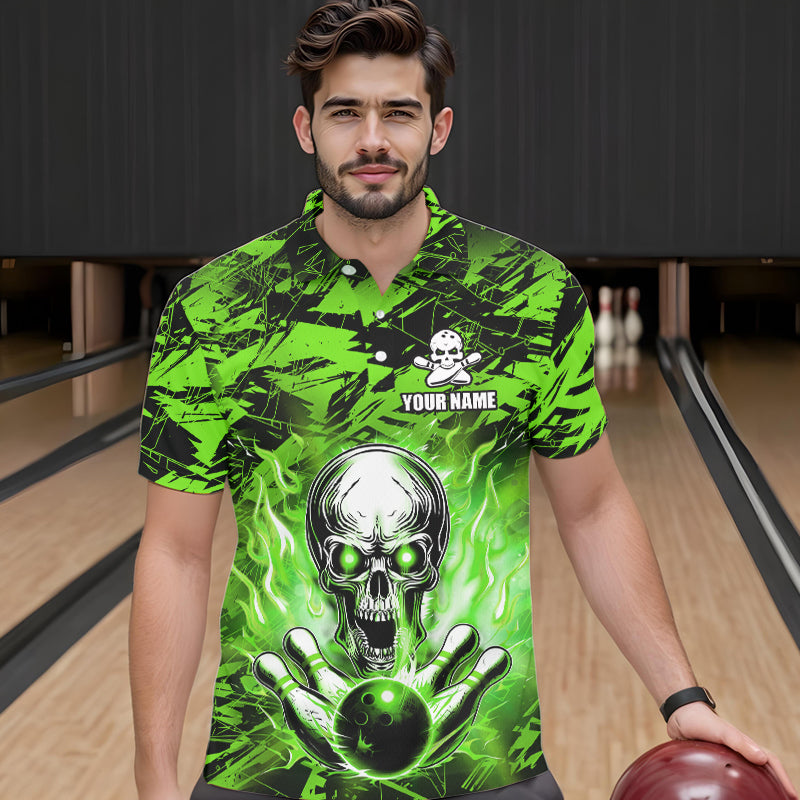 Personalized Green Flame Skull Bowling Jersey Camo Polo Bowling Team Shirt QZT670