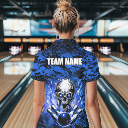Personalized Blue Flame Skull Bowling Jersey Camo Polo Bowling Team Shirt QZT670