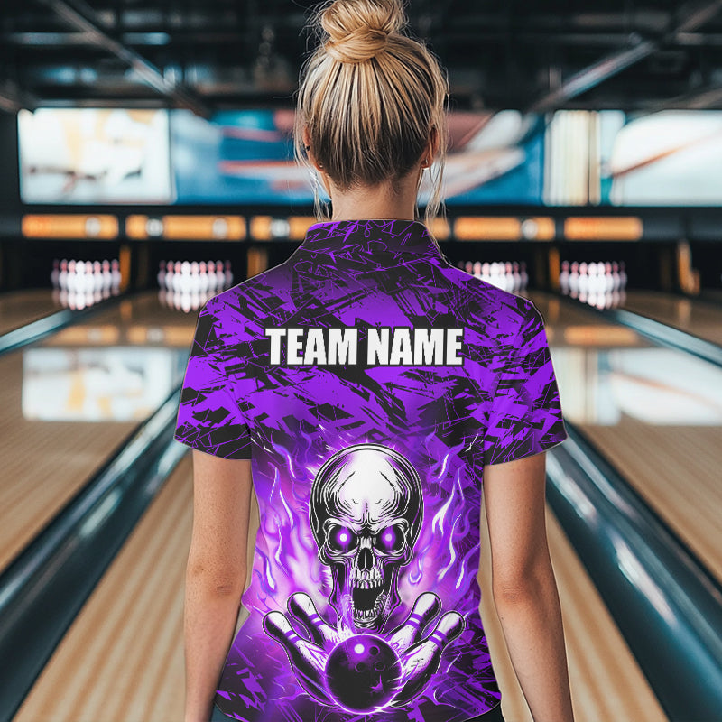 Personalized Purple Flame Skull Bowling Jersey Camo Quarter-Zip Bowling Team Shirt QZT670